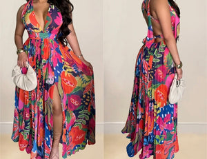 Women Sexy Sleeveless Multicolored Print Maxi Dress