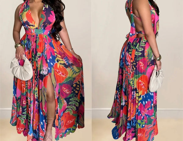 Women Sexy Sleeveless Multicolored Print Maxi Dress