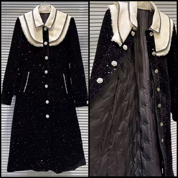 Women Fashion B&W Sequence Pearl Button Up Trench Jacket