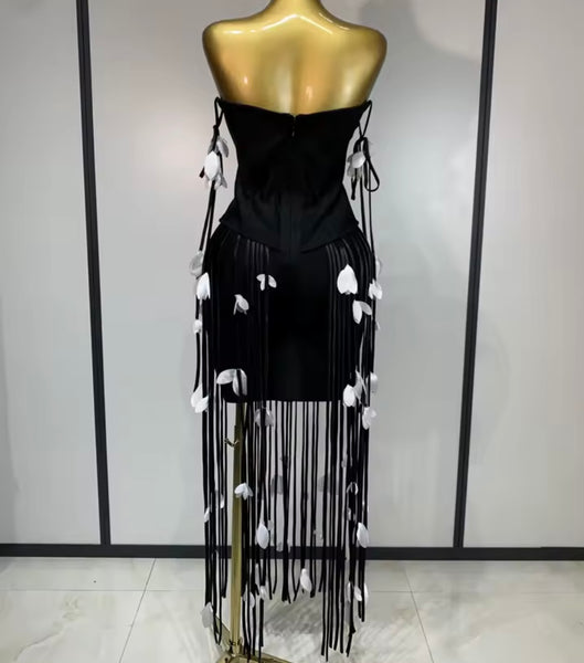 Women Sexy Strapless Floral Fringe Tassel Dress