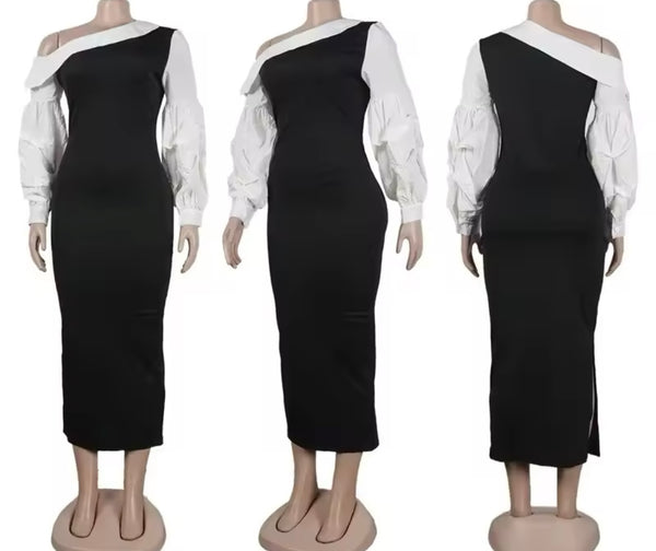 Women B&W Full Sleeve Sexy Maxi Dress