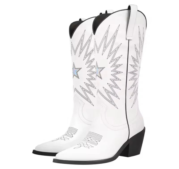 Women Fashion White Metallic Star Knee High Western Boots