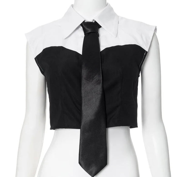 Women Fashion Sleeveless B&W Tie Crop Top