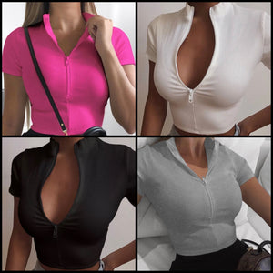 Women Short Sleeve Ribbed Zipper Fashion Top