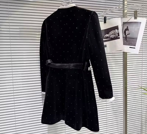 Women Fashion Rhinestone Crystal Button Up Velvet Jacket