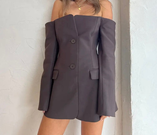 Women Sexy Off The Shoulder Button Up Full Sleeve Blazer Dress