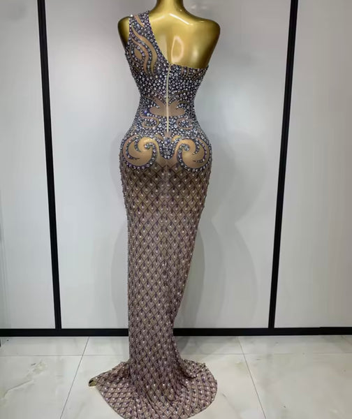 Women Sexy Mesh One Shoulder Sleeveless Rhinestone Maxi Dress