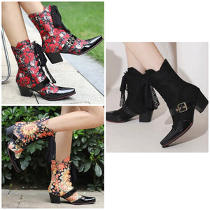 Women Fashion Printed Lace Up Ankle Western Boots