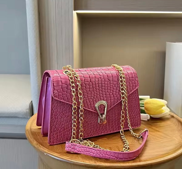 Women Fashion Faux Leather Metal Chain Handbag Purse