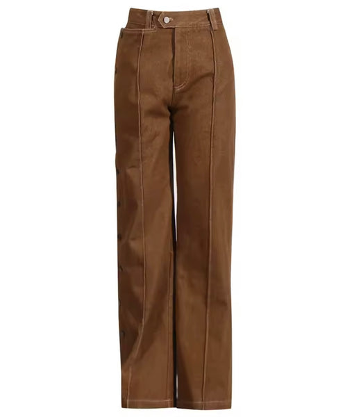 Women Brown Fashion Denim Jacket Button Two Piece Pant Set
