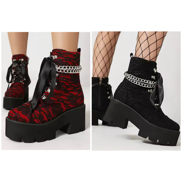 Women Fashion Lace Chain Platform Ankle Boots
