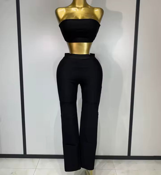 Women Black Crystal Patchwork Three Piece Pant Set