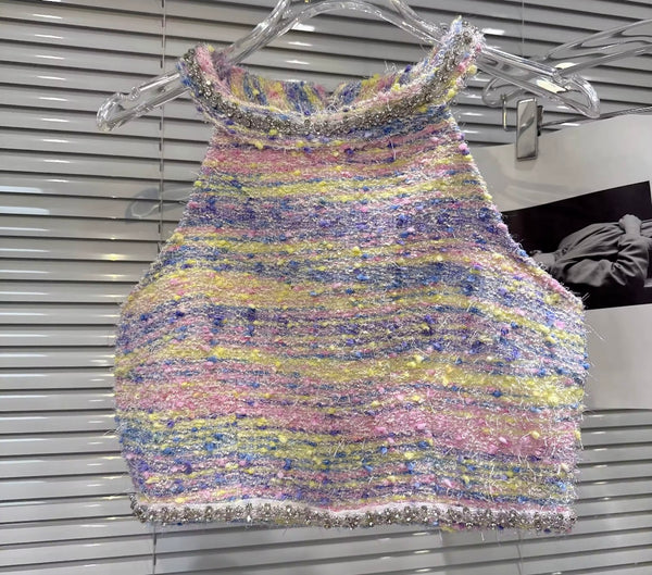 Women Color Bling Sleeveless Tweed Two Piece Skirt Set