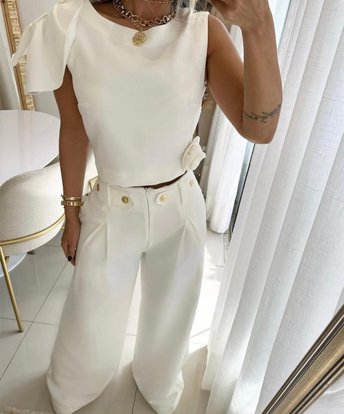 Women Black/White Gold Button Short Sleeve Fashion Pant Set
