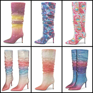 Women Pointed Toe Fashion Bling Multicolored Ruched Knee High Boots