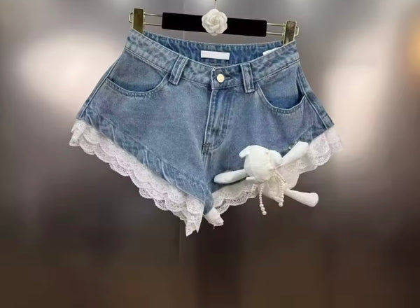 Women Fashion Bow Lace Patchwork Denim Shorts