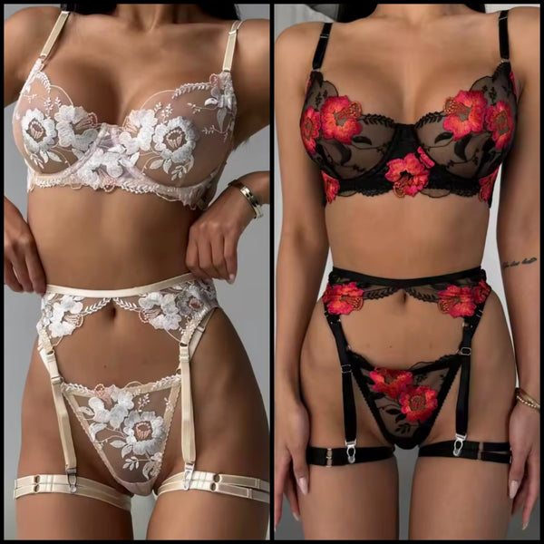 Women Sexy Floral Mesh Thong Lingerie Set