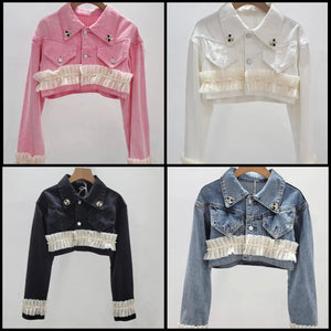 Women Fashion Ruffled Pearl Denim Crop Jacket