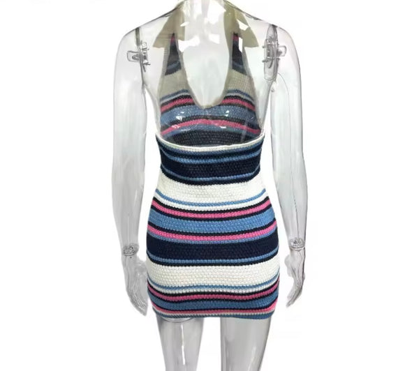 Women Sexy Halter Sleeveless Colorful Striped Dress