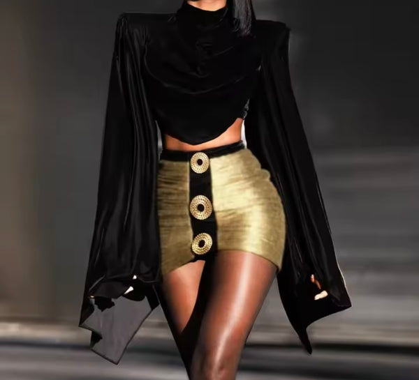 Women Sexy Flare Full Sleeve Crop Two Piece Skirt Set