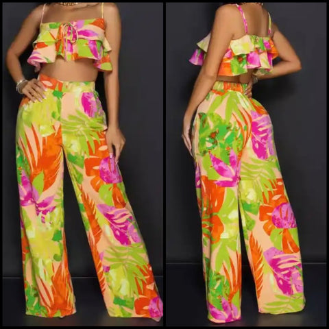 Women Sexy Sleeveless Printed Ruffled Crop Two Piece Pant Set