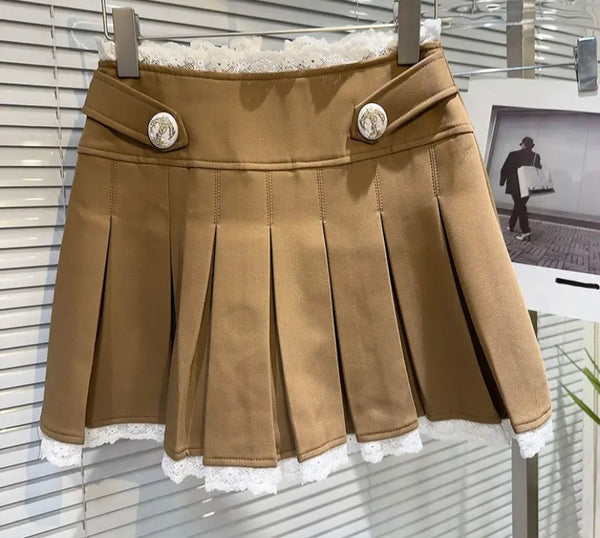 Women Fashion Lace Patchwork Two Piece Blazer Pleated Skirt Set