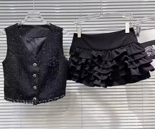 Women Black Button Up Tweed Vest Two Piece Ruffled Skirt Set