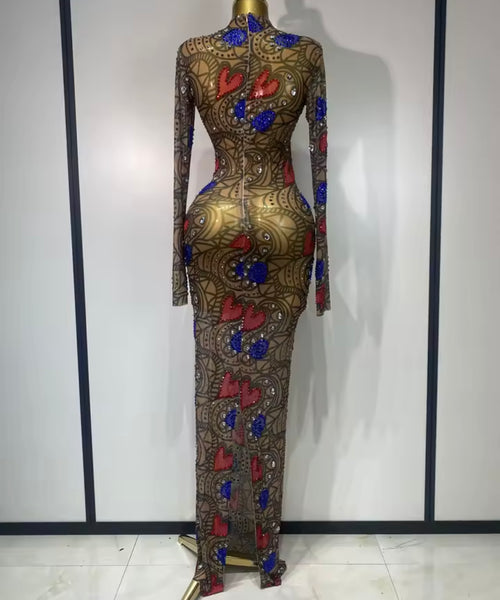 Women Sexy Color Patchwork Heart Printed Bling Mesh Maxi Dress