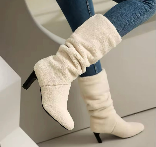 Women Color Fashion Wool High Heel Boots