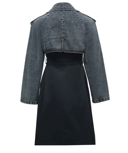 Women Fashion Denim Patchwork Trench Jacket