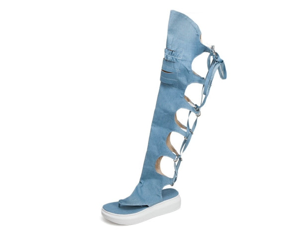 Women Fashion Open Toe Denim Lace Up Knee High Sandals