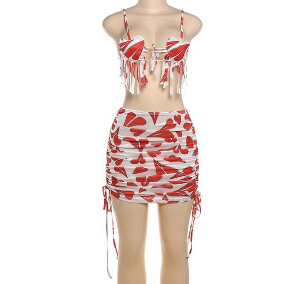 Women Sexy Heart Print Halter Sleeveless Two Piece Skirt Set