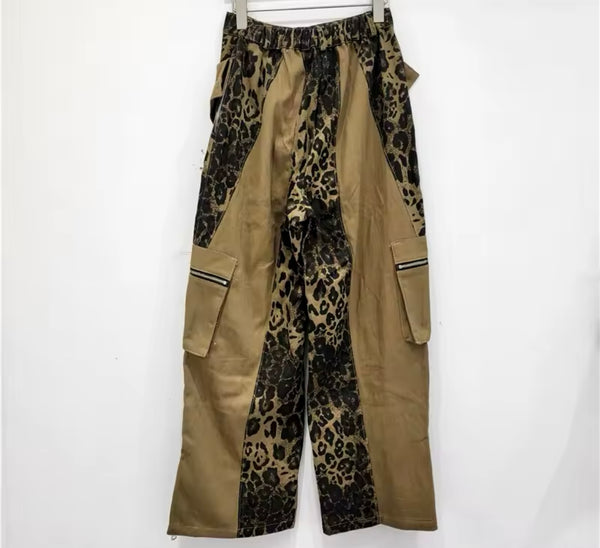 Women Fashion Khaki Leopard Patchwork Cargo Denim Pants