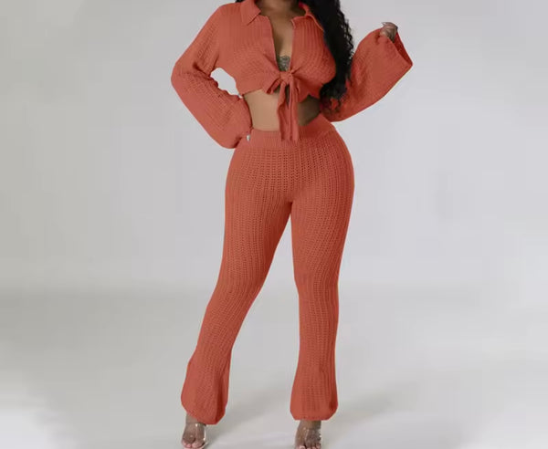 Women Knitted Tie Up Full Sleeve Crop Two Piece Fashion Pant Set