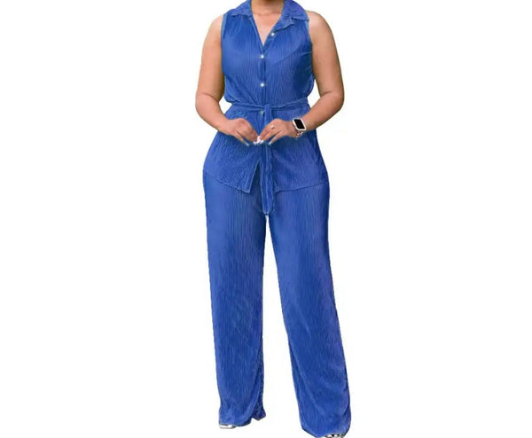 Women Button Up Sleeveless Solid Color Two Piece Pant Set