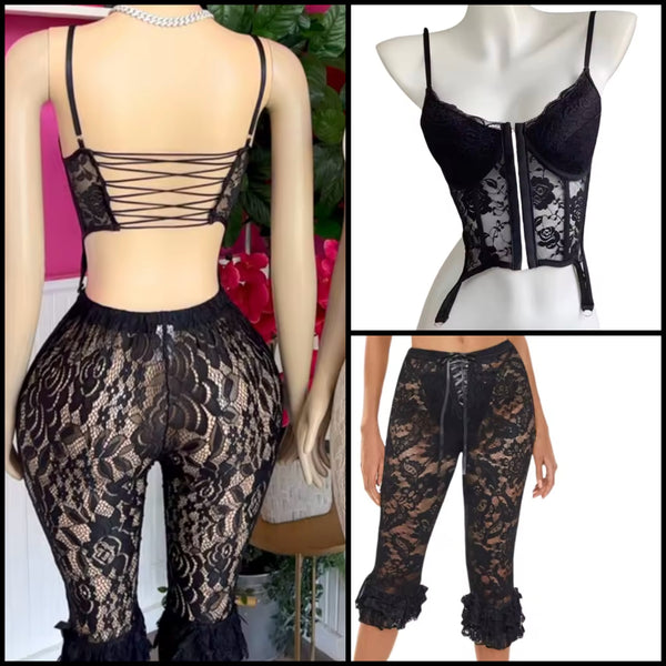 Women Sexy Sleeveless Lace Two Piece Capri Pant Set