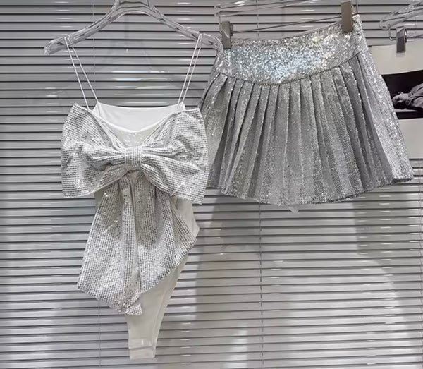 Women Sleeveless Bow Bodysuit Sexy Two Piece Pleated Skirt Set