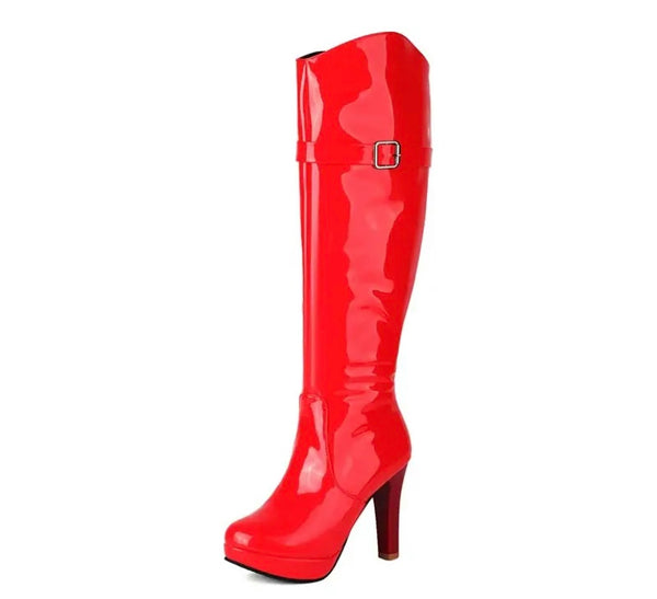 Women Fashion Round Toe Patent Leather Platform Knee High Boots