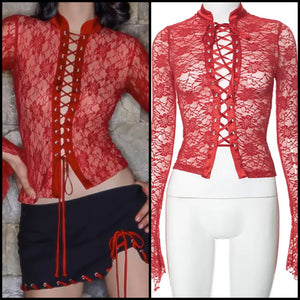 Women Sexy Red Lace Full Sleeve Tie Up Crop Top