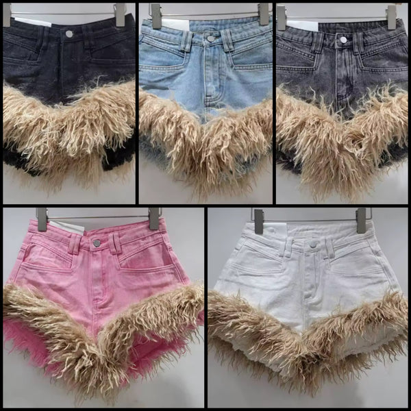 Women Fashion Fur Patchwork Denim Shorts