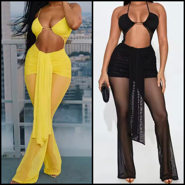 Women Sexy Halter Sleeveless Cut Out Mesh Jumpsuit