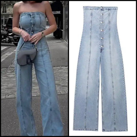 Women Fashion Strapless Button Up Denim Jumpsuit
