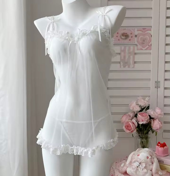 Women Sexy Sleeveless Ruffled Mesh Lingerie Set
