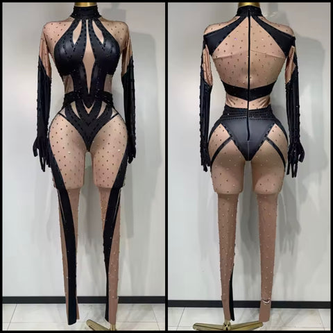 Women Rhinestone Color Patchwork Mesh Full Sleeve Jumpsuit