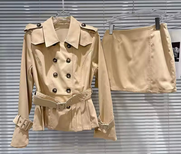 Women Fashion Khaki Button Up Full Sleeve Two Piece Skirt Set