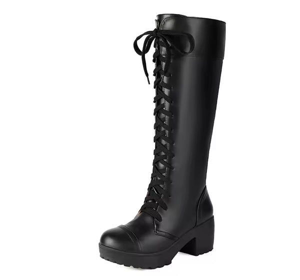 Women Fashion Faux Leather Tie Up Knee High Boots