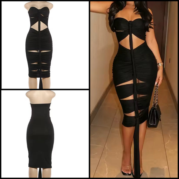 Women Black Sexy Strapless Cut Out Tassel Dress