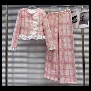 Women Pink Plaid Ruffled Blazer Tweed Two Piece Pant Set