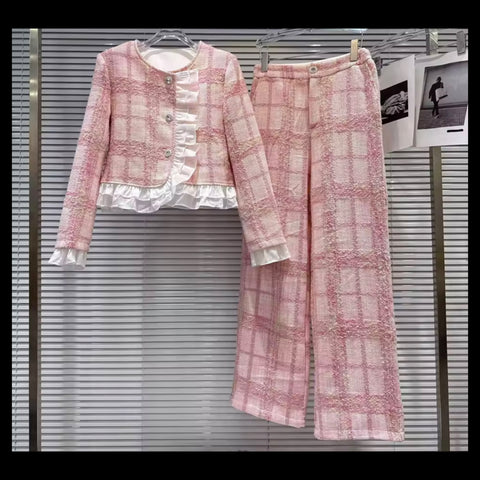 Women Pink Plaid Ruffled Blazer Tweed Two Piece Pant Set