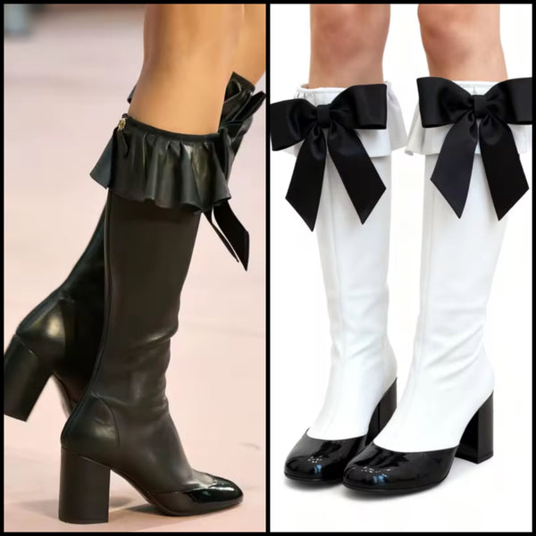 Women Fashion Ruffled Bow Faux Leather Knee High Boots
